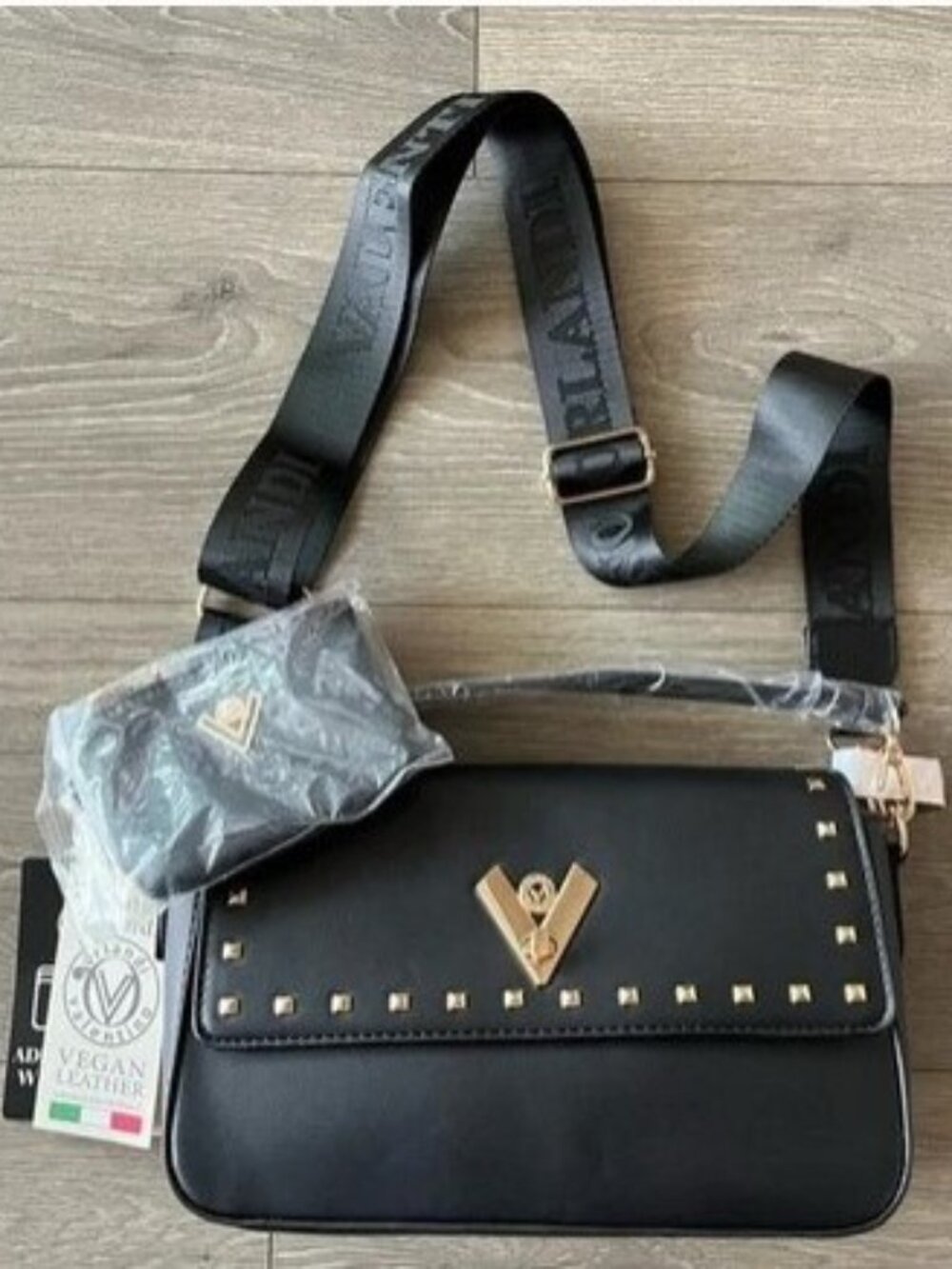 NWT Valentino Orlandi Black Gold Studded Bag With Additional Pouch And 2 Straps